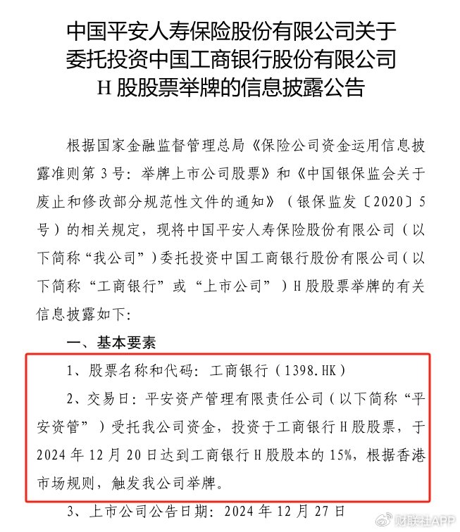 险资仍在“囤”银行！2024最后一天平安人寿举牌工商银行H股